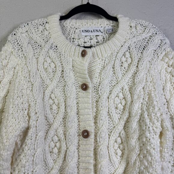 UNO & UNA Cardigan Medium Vintage Sweater Cable Knit Granny Irish Fisherman - Picture 5 of 12